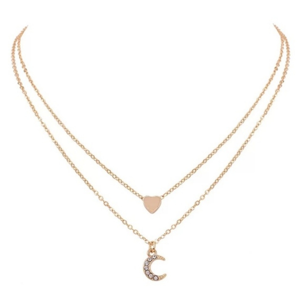 !5 for $25 Two Layer Heart and Moon Charm Necklace - Picture 5 of 7